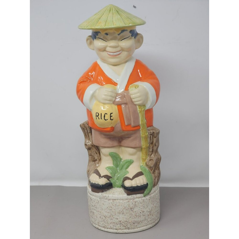Vintage Ceramic Asian Man Rice Bag Hiking Stick Storage Holder Decanter‎